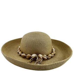 Scala Puka Shell Raffia Straw Sun Hat Summer Beach Outdoor Travel Brown Tan